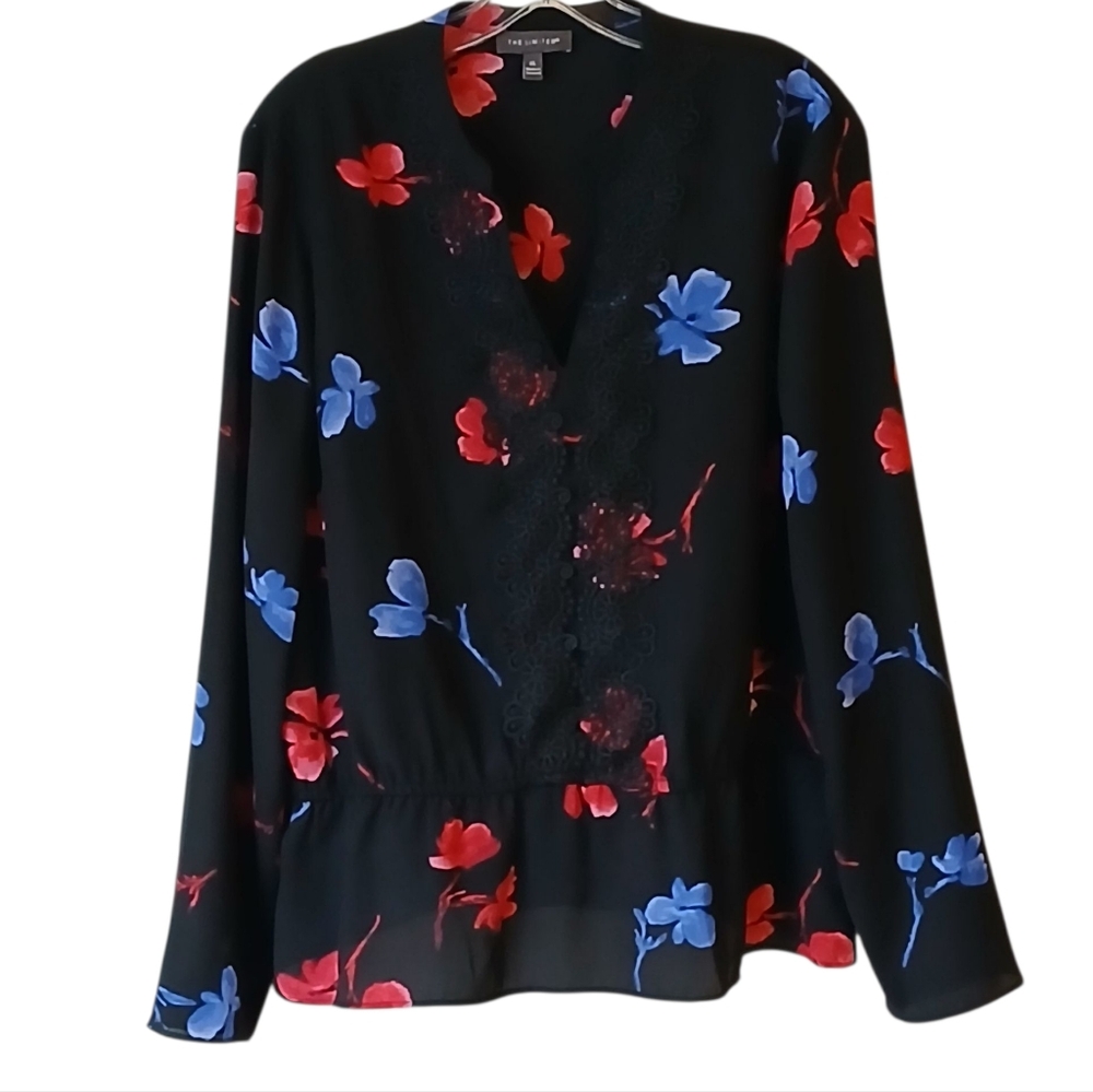The Limited Black Blouse with Red and Blue Floral Design